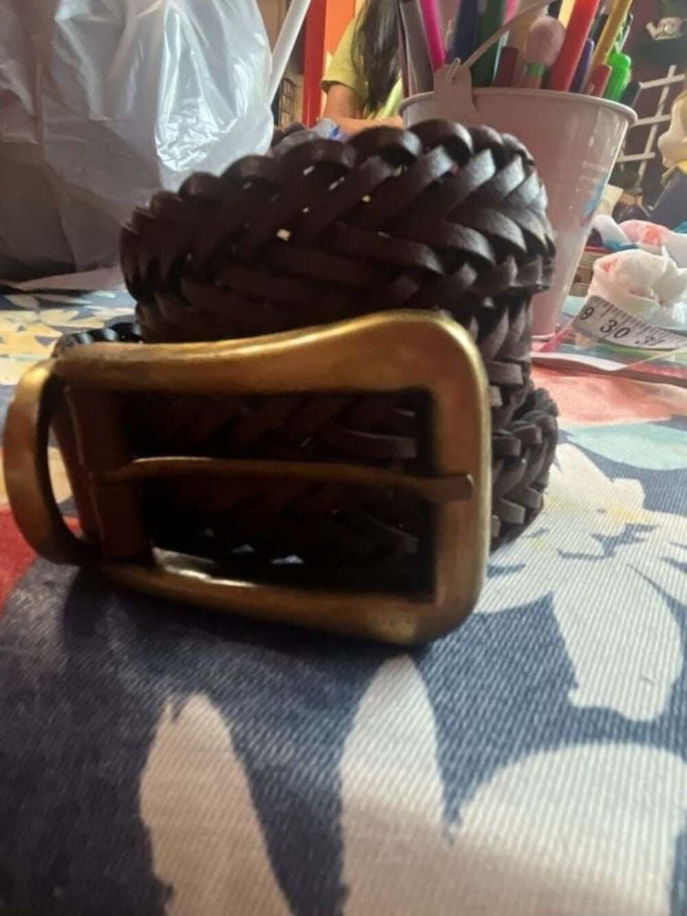 Vintage Dark Brown Woven Leather Belt with Brass Buckle 36” long from buckle